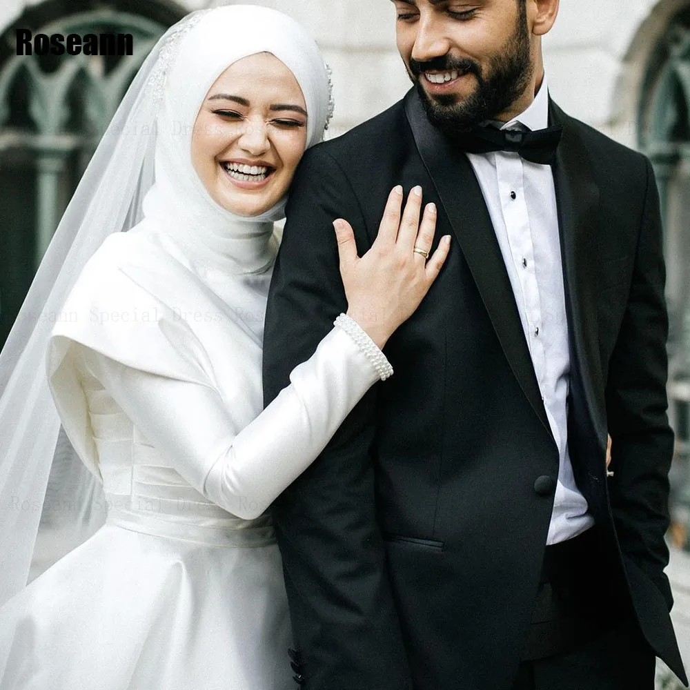 Customized Muslim A-line Wedding Dress 2026 Satin Fashion High Collar Full Draped Pleated Bride Dress Brush Train robe de mariée