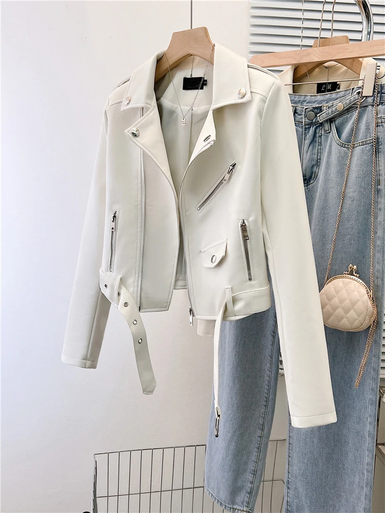 

PU Leather Short Coats for Women Zippers Detachable Belt Motorcycle Jackets 2025 New Spring Autumn Faux Leather Outerwears