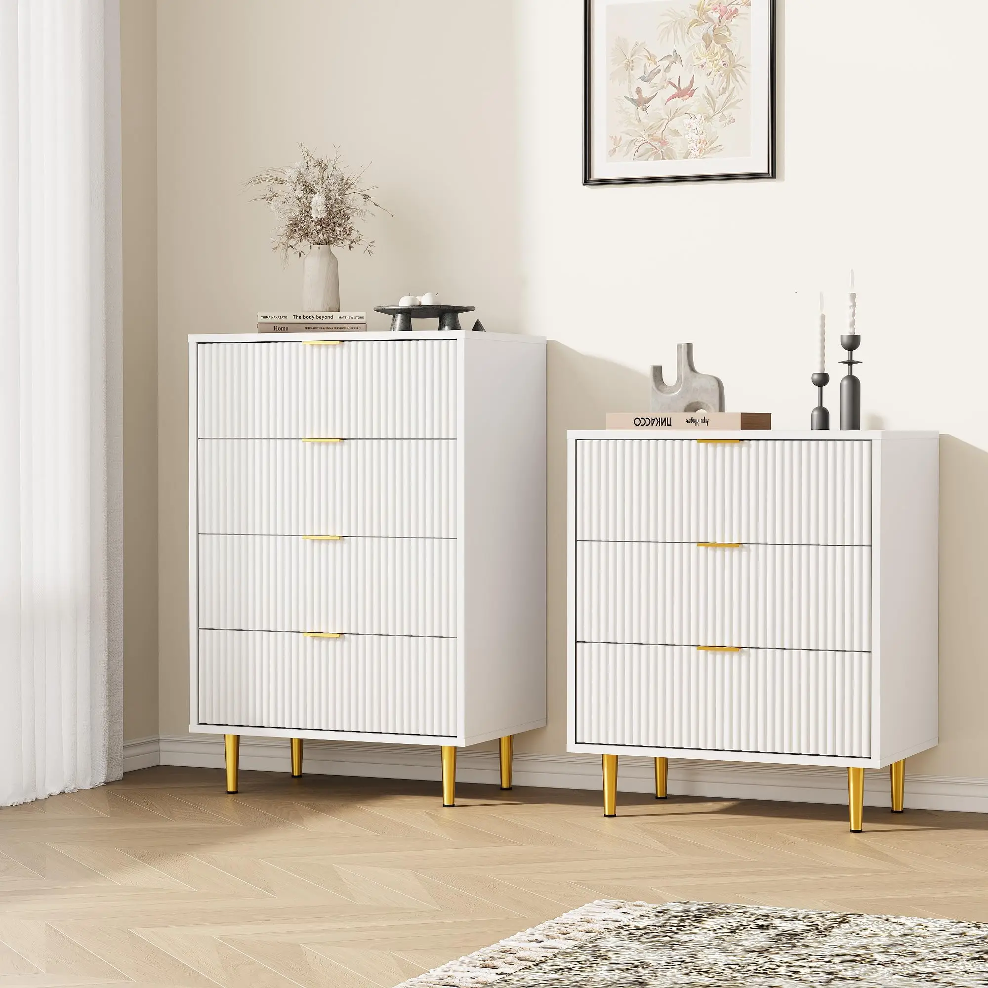 Moderner Gerillter Holz-Nachttisch - 3/4 Schubladen Beistelltisch Aufbewahrungsschrank mit Goldenen Griffen und Beinen für Schlafzimmer Wohnzimmer
