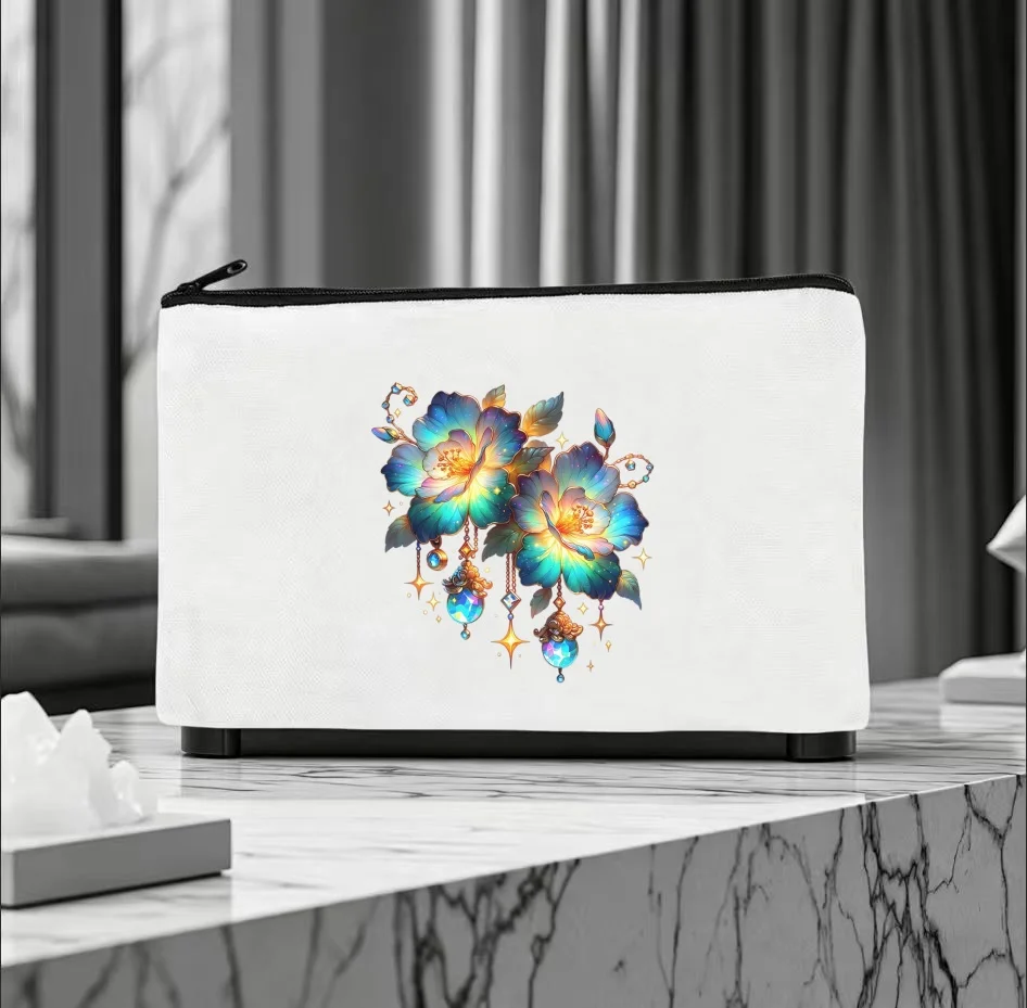 1PC Glowing Teal Blue Floral Crystal Gem Flower Print Canvas Cosmetic Bag Double Sided Portable Travel Zipper Pouch