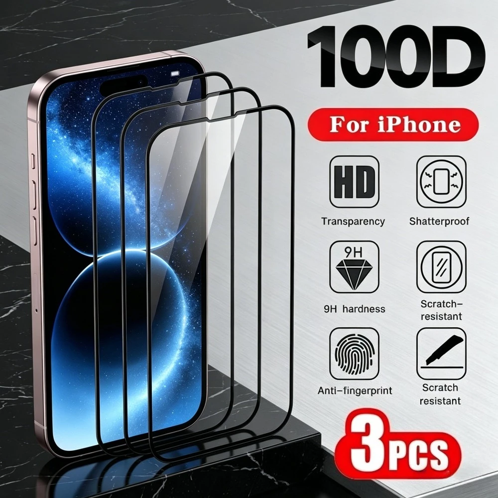 

3Pcs Full Coverage Tempered Glass for iPhone 17 16 15 14 Pro Max Air 17e 16e Screen Protector for iPhone 13 12 11 Pro 15 14 Plus