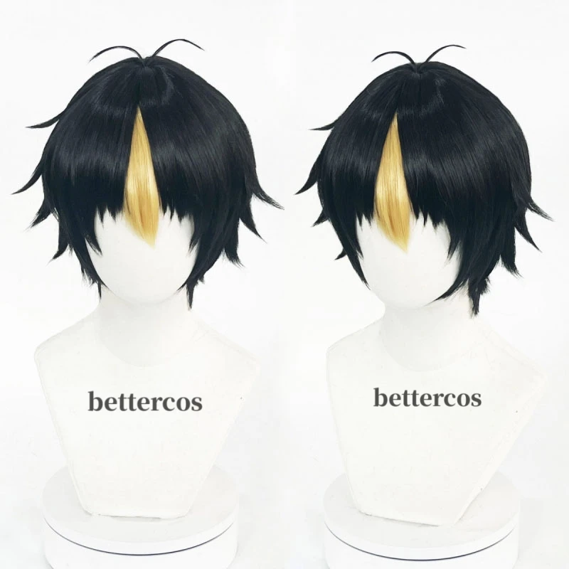 

Yu Nishinoya Cosplay Wig 30cm Short Black with Golden Highlights Wig Cosplay Anime Wigs Heat Resistant Synthetic Wigs