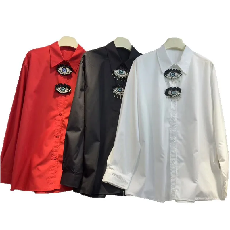 2025 Autumn Elegant White Shirt Top Cute Cartoon Eyes High-end Beaded Personality Long Sleeve Blouse for Women Camisas De Mujer