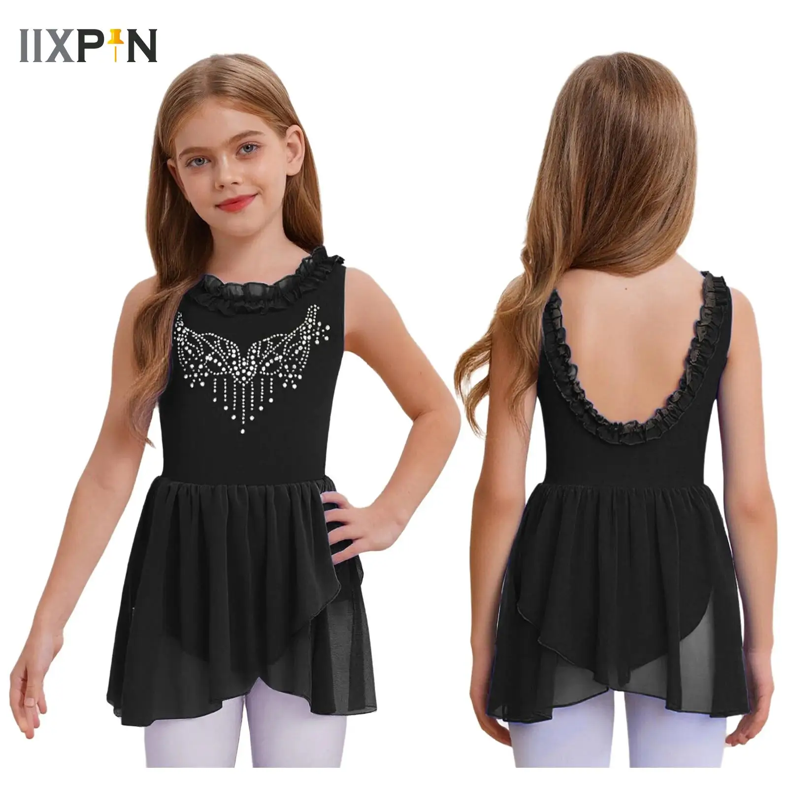 

Ballet Dance Gymnastics Lyrical Figure Skating Dress for Girls Leotard Dancewear Sleeveless Irregular Hem Rhinestones Dress