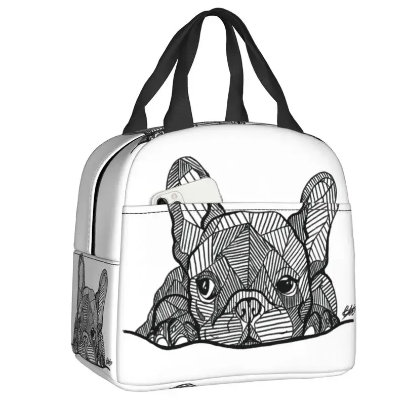 Grey Stripes French Bulldogs Lunch Bag Women Cooler Warm Insulated Lunch Container for Student School Work Picnic Food Tote Bags