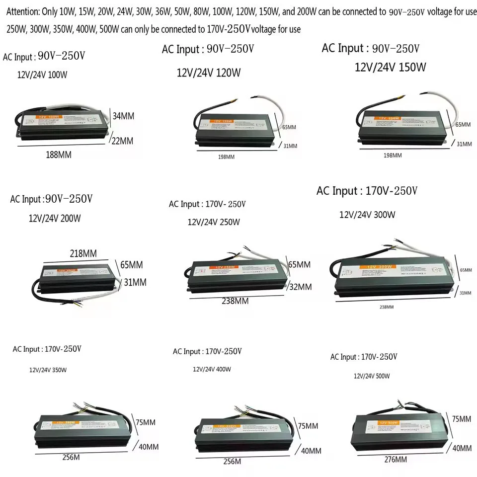 Wodoodporne oświetlenie transformatory AC 110V-220V do DC 12V 24V zasilacz LED 36W 150W 200W 500W Zasilacz IP67