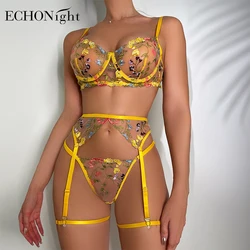 Echonight Lingerie Sensual Lace Underwear Transparent Embroidery 3-Piece Garters Fancy Beautiful Short Skin Care Kits Intimate