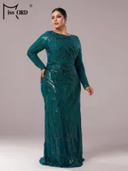 Missord Plus Size New Round Neck Long Sleeved Sequin Mermaid Evening Gown Formal Occasion Floor Length Graduation Cocktail Dress