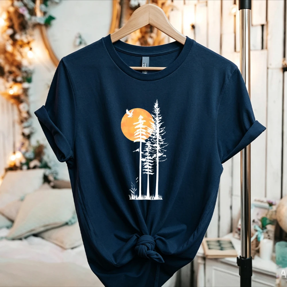 Autumn Women Pine Tree Moon Eagle Nature Cotton T Shirt Forest Wilderness Outdoor Graphic Casual Short Sleeve Tee Hiking Tops