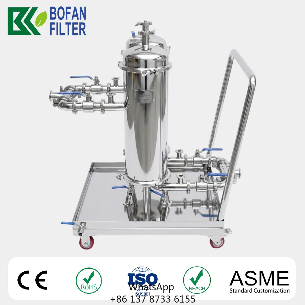 New Bofan Food Industry 20 Inch 5 Cartridge Stainless Steel Bag Filter Trolley With 20T/H Capacity 120 Psi 0.2um Precision