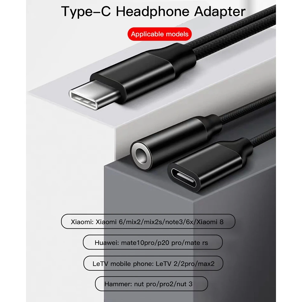 AT77 Type C to 3.5mm Charge Audio Adapter 2 in 1 USB C Splitter Headphone AUX Audio Cable for Huawei Smartphone Splitter