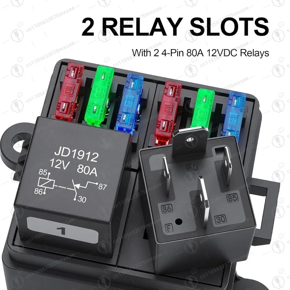 Pudełko na przekaźniki z bezpiecznikami 12V, 2 przekaźniki i 6 bezpieczników nożowych ATC/ATO, blok przekaźnikowy 4-pinowy 80A i zestaw, do samochodów ciężarowych, łodzi, jeporetek
