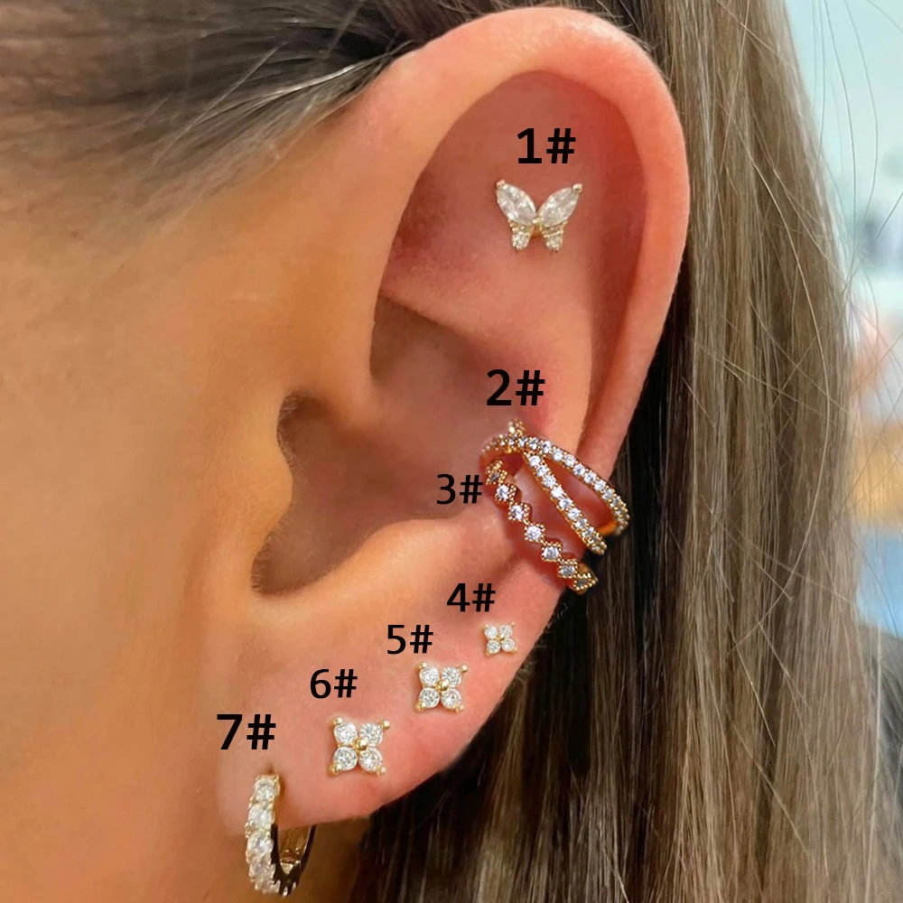 Helix Ear Fake Piercing Earrings for Women Dainty Butterfly Flower Zircon Rook Tragus Orbital Women's Earing Accessories Jewelry