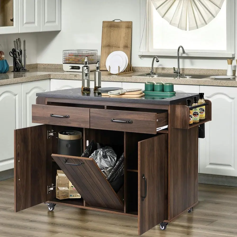 

Kitchen Cart with Trash Can Storage Cabinet, or 15 Gallon Garbage Bin, Kitchen Island on Wheels with Drop Lea, Rolling Kitchen C