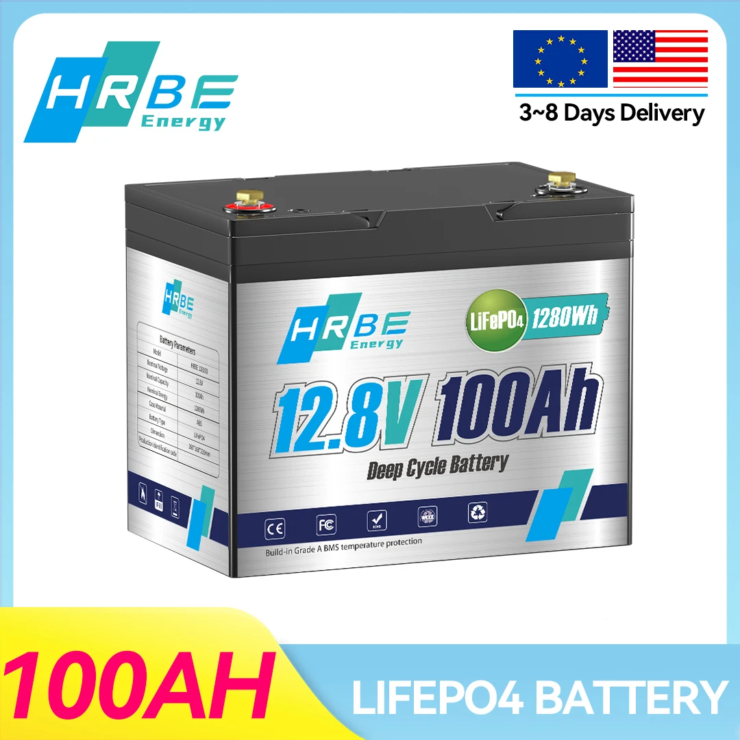 

HRBEEnergy 12V 100Ah LiFePO4 Lithium Battery,Group 24,Built-in 100A BMS,Max.1280Wh Energy,5 Years Lifetime,for RV,Trolling Motor