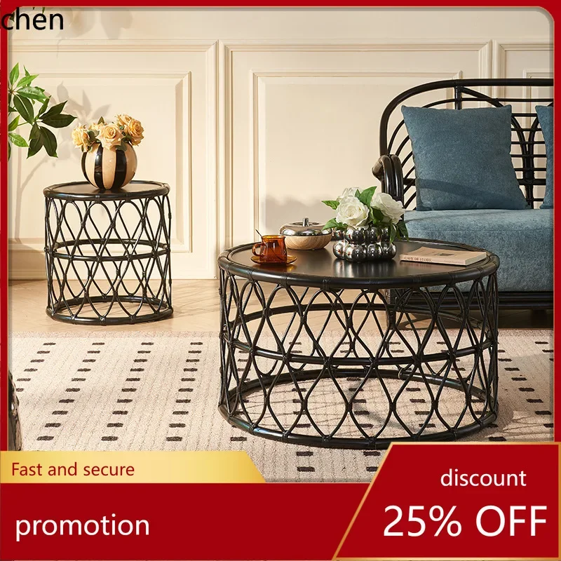 HXL Full Rattan Round Table for Homestays and Hotels, Wabi-Sabi Style Round Tea Table and Side Table Set