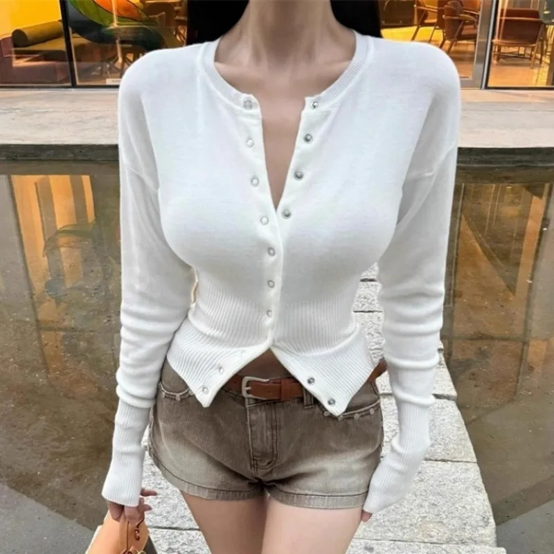 

Women's Slim Fit Solid Color Knit Cardigan Sexy Crop Tops Autumn Ribbed Knitwear Cardigans Fashion O-neck Long Sleeve Sweater
