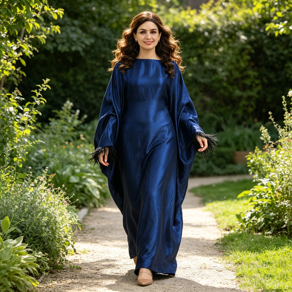 

Muslim Abaya Feather Satin Women Long Maxi Dress Turkey Party Islamic Dubai Arab Robe Femme Morocco Jalabiya Vestidos Clothing