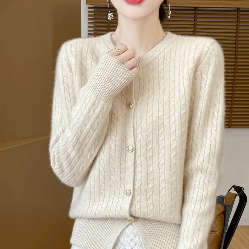 Autumn Winter New Women\'s Clothing 100% Pure Wool Round Neck Knitted Cardigan Fashion Twisted Flower Long Sleeve Tops Warm Shirt