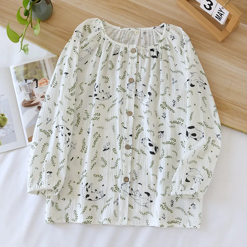 2024 New Spring/Summer Women's Pajama Top 100% Pure Cotton Thin Fresh Sweet Home Furnishing Single piece Long sleeved Top Ladies