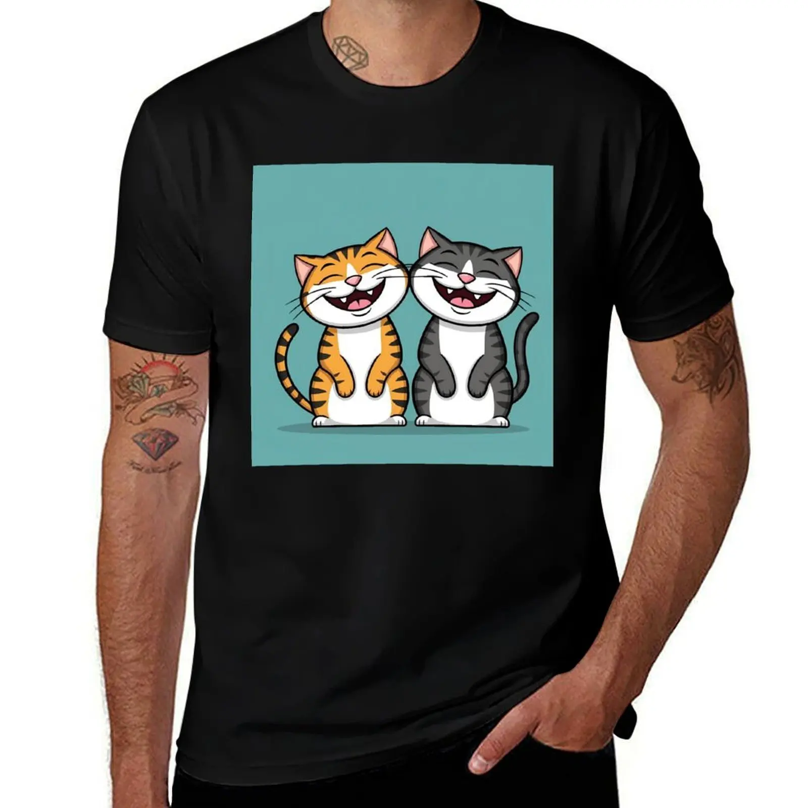 

Two cute laughing cats T-Shirt boys animal print football t shirt Short sleeve tee fitted t shirts for men