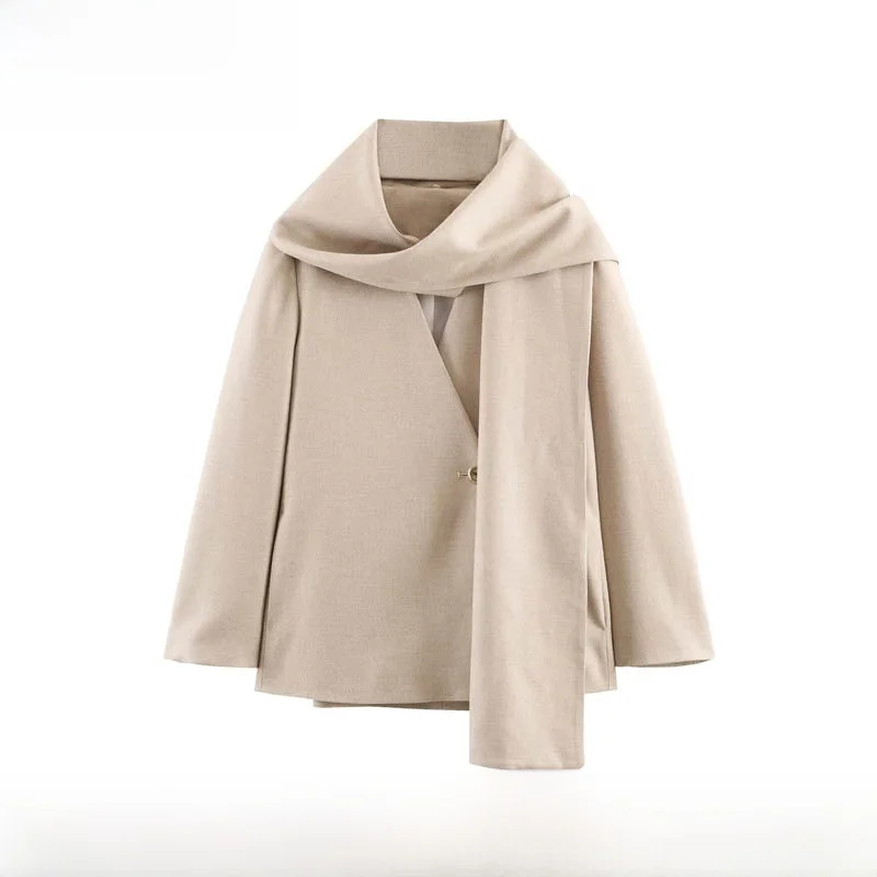 

Модный женский осенне-зимний пиджак с длинными рукавами и воротником-шарфом, новинка, из полиэстера, повседневный, элегантный