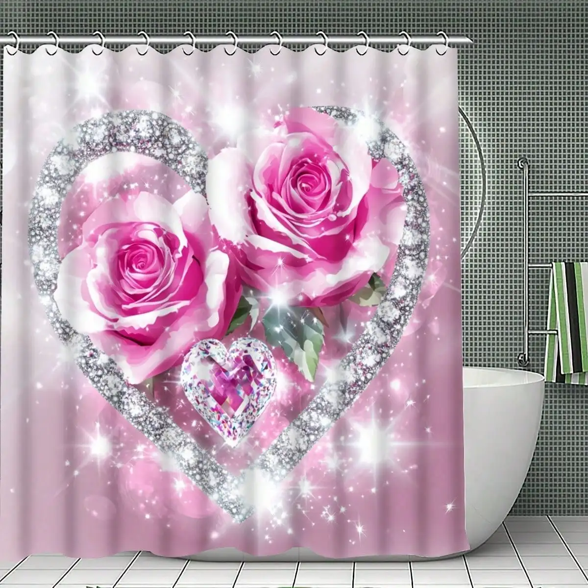 1/3/4pcs Pink Roses Shower Curtain Set, Glittering Pink Rose Heart Bathroom Decor, Accessories with Bath Mat, U-shaped Mat, Toilet Lid Cover, 12 Hooks 70.87x70.87inch Curtain, Floral Gift, Home Decor, Bathroom Accessories.