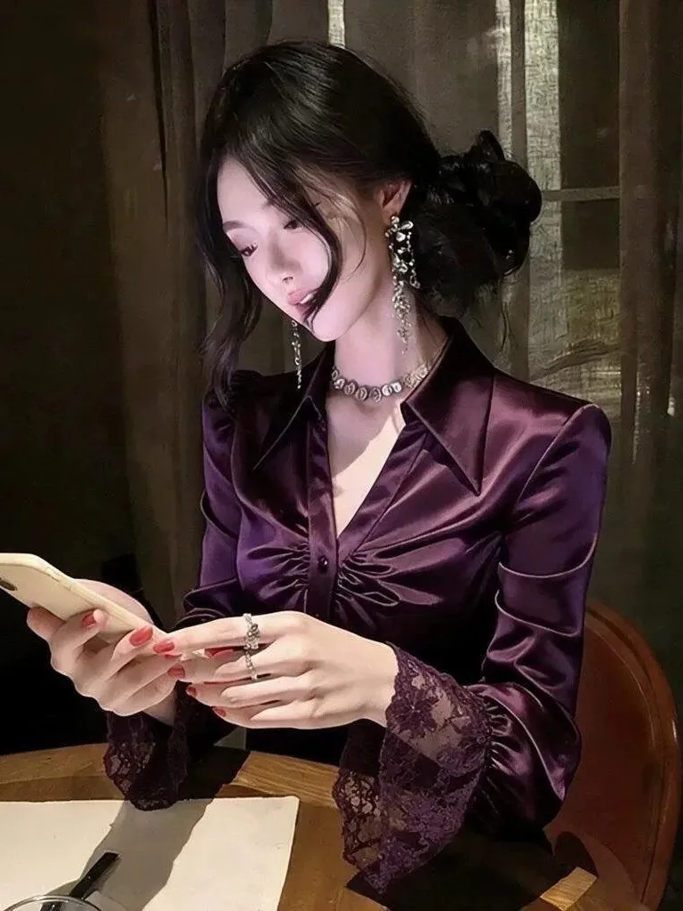 Purple Silk Shirt Women's Slim Fit Bell Sleeve Luxury Feel Spring 2026 Fashionable Business Casual Long Sleeve Button up Top