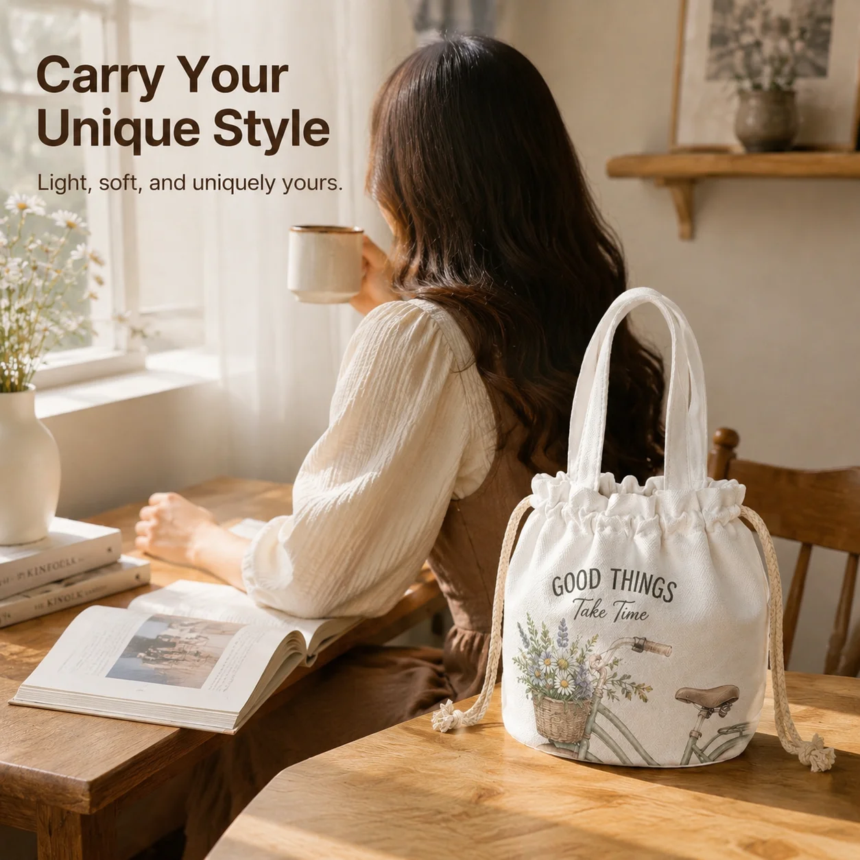 Custom Couple Photo Drawstring Bag Personalized Handbag with Picture Romantic Anniversary Gift for Wife Girlfriend