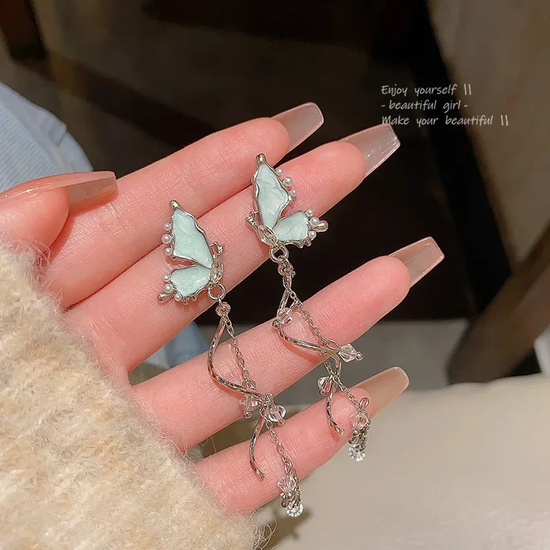 S925 Silver Needle Blue Color Drip Glaze Butterfly Imitation Pearl Long Tassel Earrings for Women Trendy Earrings Travel Gift