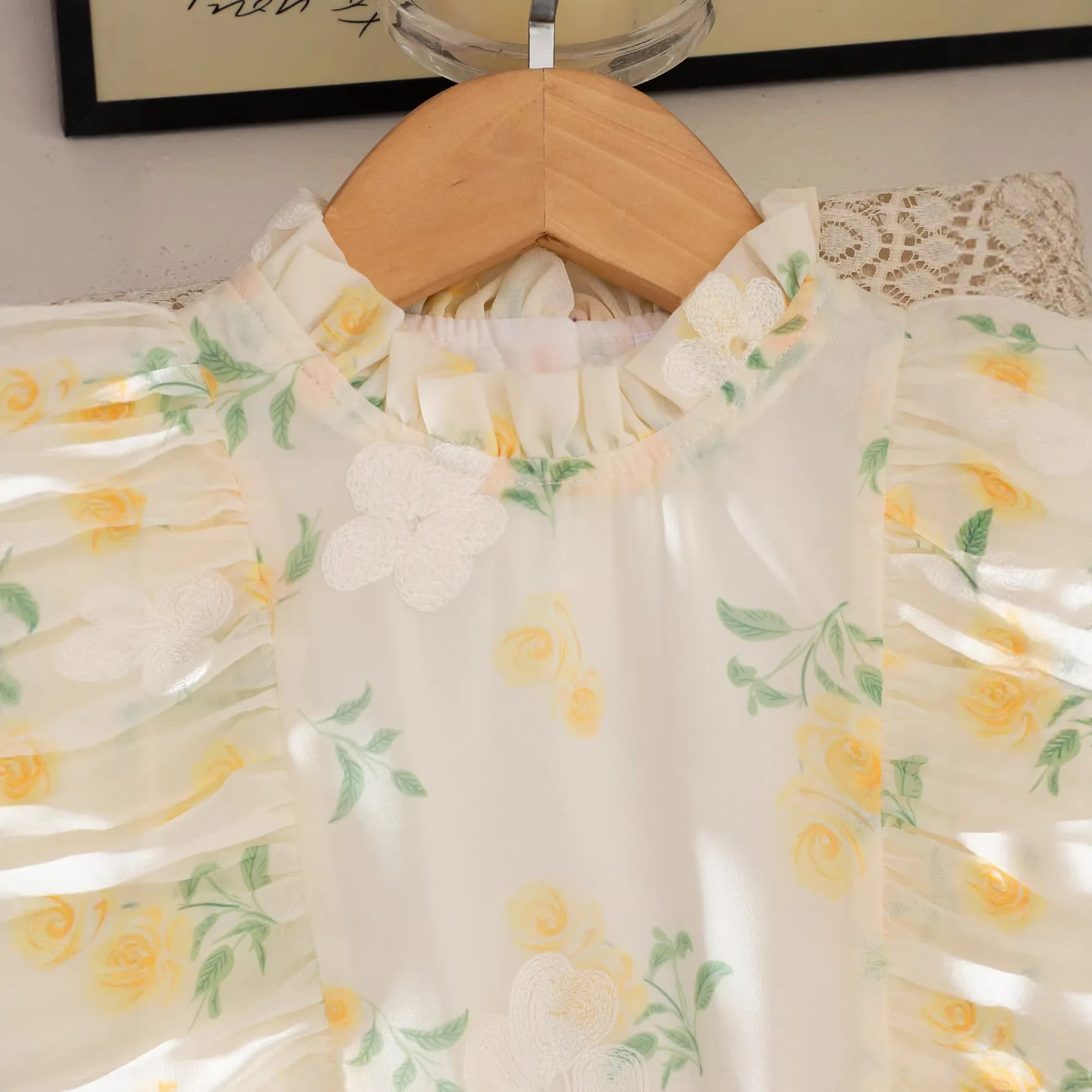 2026 Summer New Arrival Girls Floral Print Chiffon Dress Stand Collar Ruffle Hem Cute Princess Dress for 4-7Y