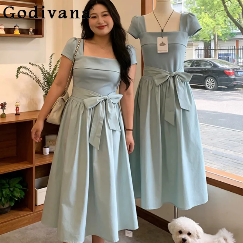 

Women Summer New Large Size Beautiful French Square Neck Dress Fashion A-line Short Sleeve Light Blue Princess Long Dresses