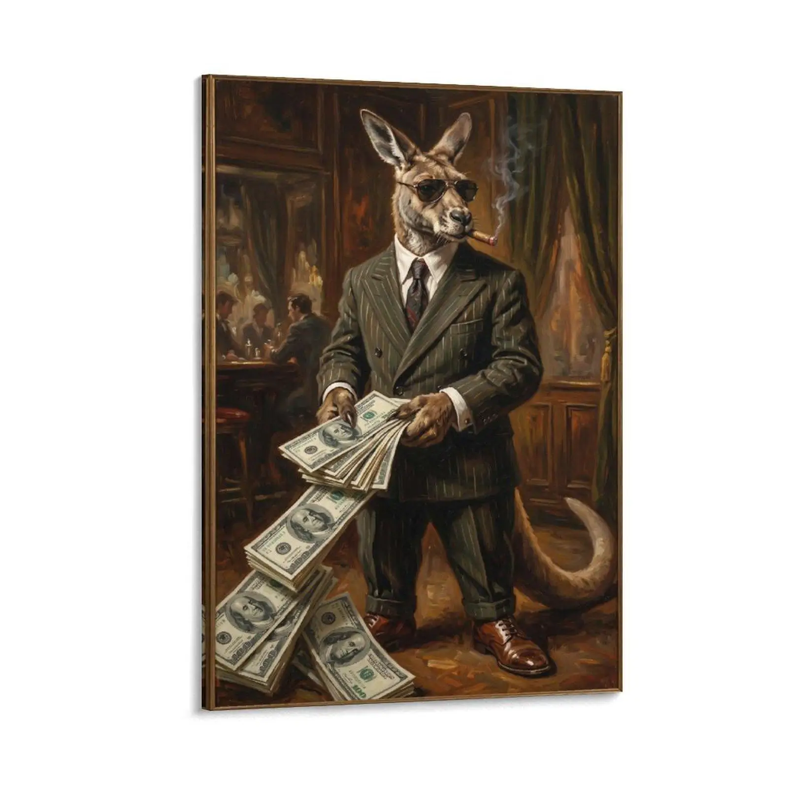1 pieza de arte en lienzo sin marco, estampado de canguro divertido con traje (dinero, cigarro) estilo pintura al óleo, decoración de pared vintage para el hogar, bar, oficina, sala de estar