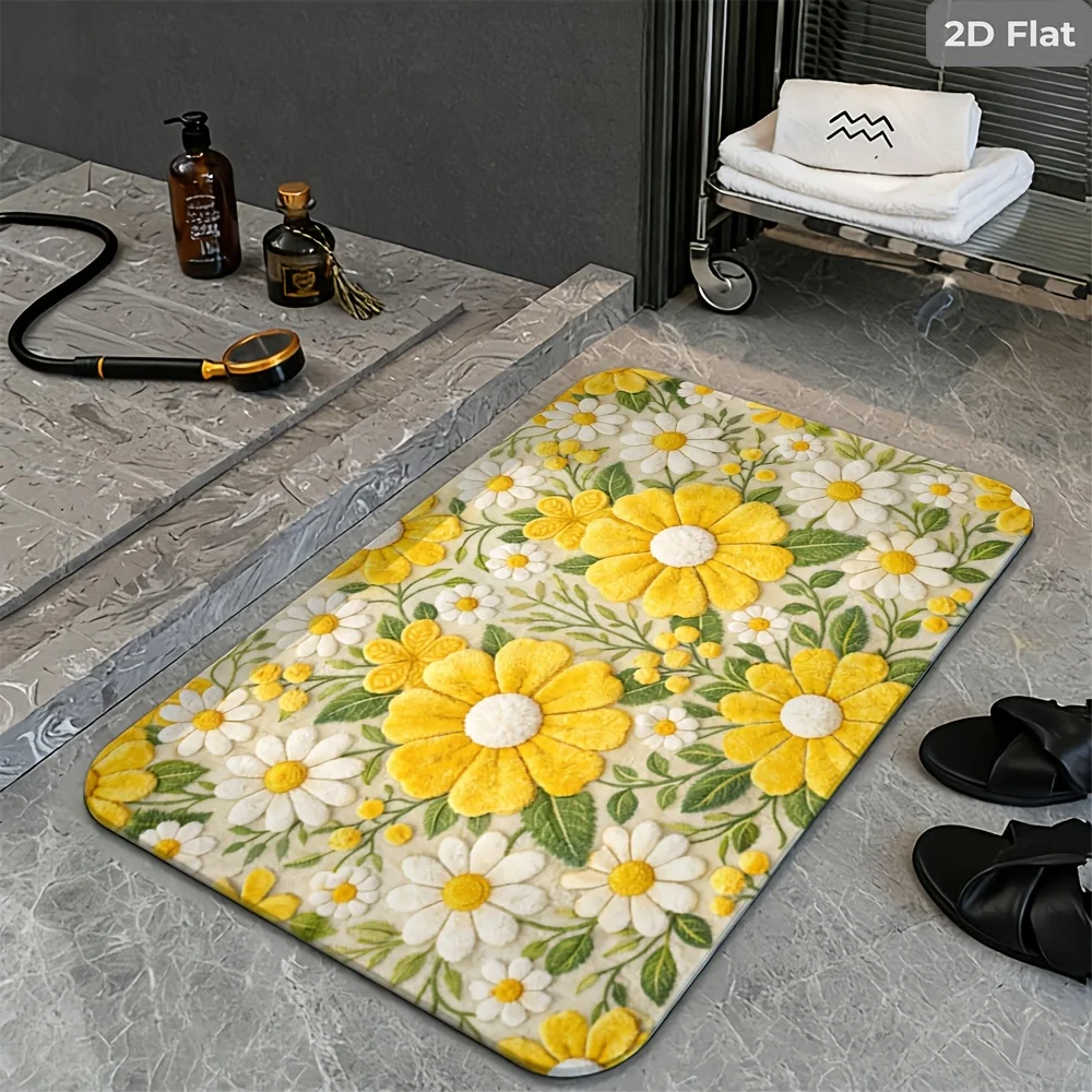 1pc 2D Flat Daisy & Sunflower Rustic‑Style Non‑Slip Entryway Area Rug, Decor Floor Mat for Entrance,Bathroom, Hallway, Sink Area