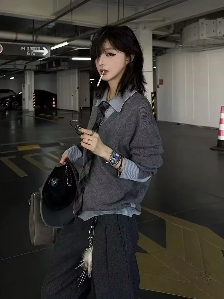 

American Sle Warm Knitted Mo Two-Piece Men's irt Casual Loose College Sle Top Couple Matching Winter Sweater