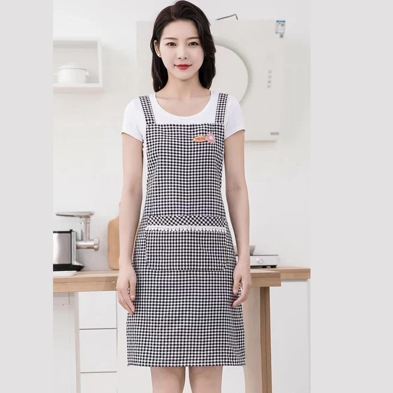 4-Color Household Kitchen Cotton Apron Checkered Kitchen Apron Cotton Linen H-Strap Back Strap Cooking Apron