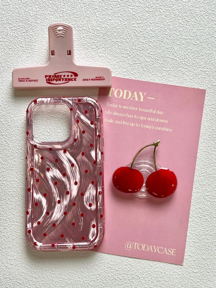 Japanese and Korean sweetheart Spice Girl Laser Poldot Cherry for iPhone 16promax phone case iphone15 New 14 grapefruit color