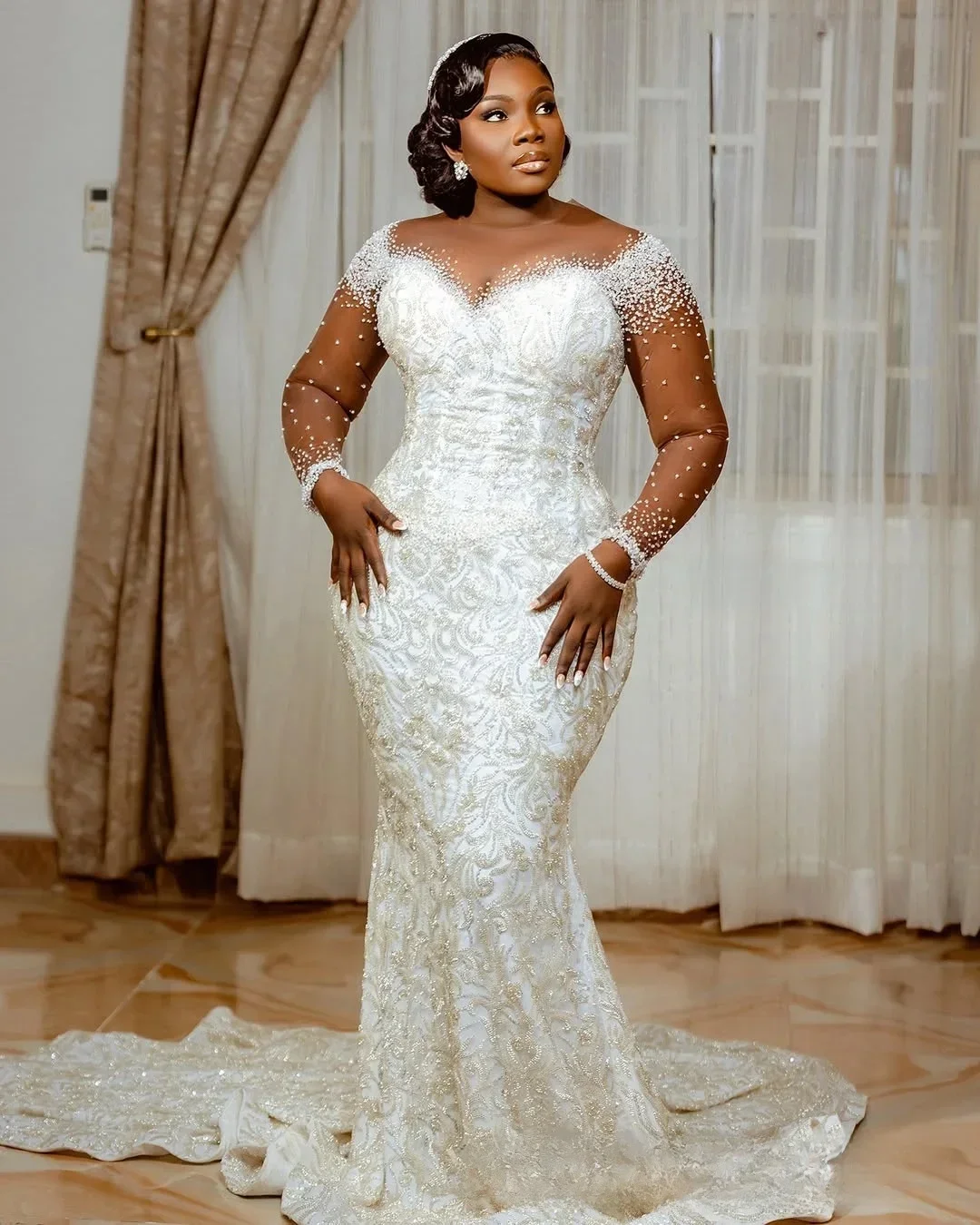 Customized Sheer Neck Sparkly Beads Rhinestones Aso Ebi Wedding Dress For Bride  Robe De Mariée Long  Sleeves Bridal Gown