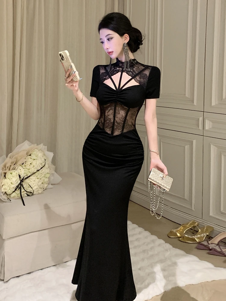 Elegante Spitze Getäfelten Ausschnitt Ohne Knochen Schwarz Bodycone Abendkleid Sexy Luxus Shheer Geraffte Kleid frauen Party Prom Vestidos Kleid