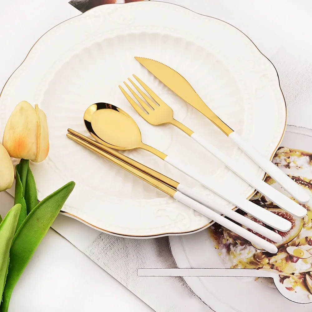 18Pcs Black Stainless Steel Cutlery Fork Spoons Chopsticks Dinnerware Set Western Tableware Restaurant Kitchen Home Flatware Set