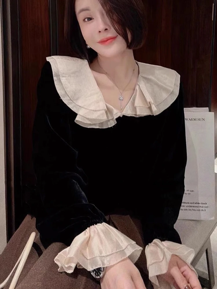 

Retro Doll Collar Velvet irt Ele Maturi Sle Age Reduction Long Sve Faionable Overhead Top Korean Sle Commute