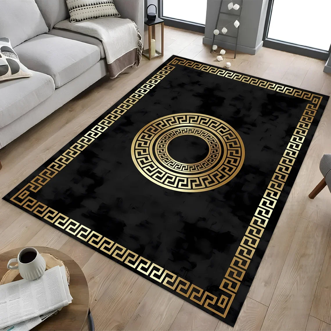 Black and Gold Greek Motif Rug Marble Pattern Carpet Anti-slip Floor Mat Suitable for Living Room Bedroom and Home Decoration