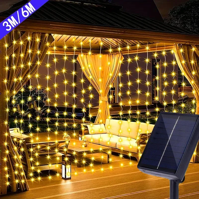 3/6m Christmas Solar Curtain Lights Holiday Fairy Lights with 8 Mode For Home Outdoor Garden Garland Wedding Festival Decoration