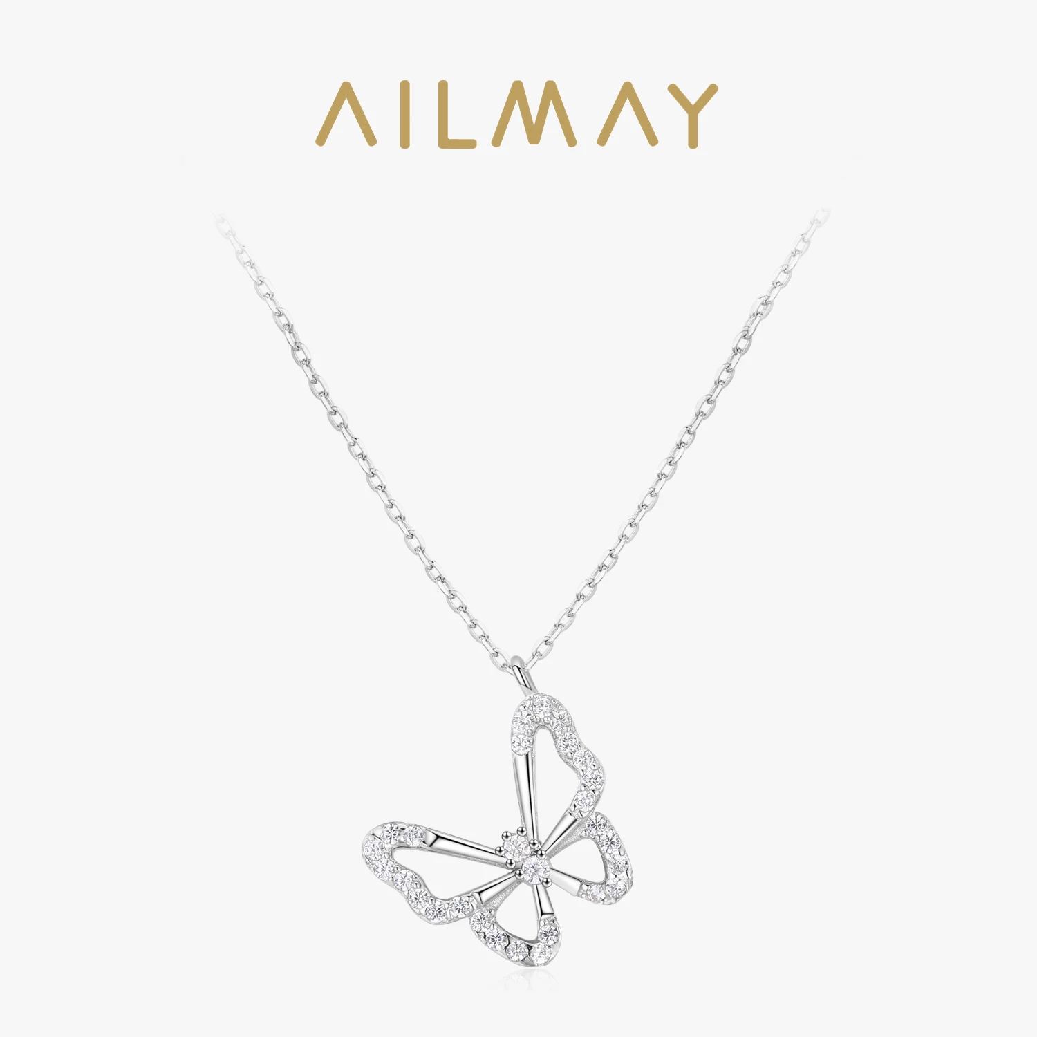 Ailmay Genuine 925 Sterling Silver Charm Elegant Butterfly Animal Clear Zircon Necklace For Women Fashion Statement Fine Jewelry