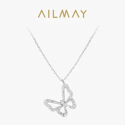 Ailmay Genuine 925 Sterling Silver Charm Elegant Butterfly Animal Clear Zircon Necklace For Women Fashion Statement Fine Jewelry