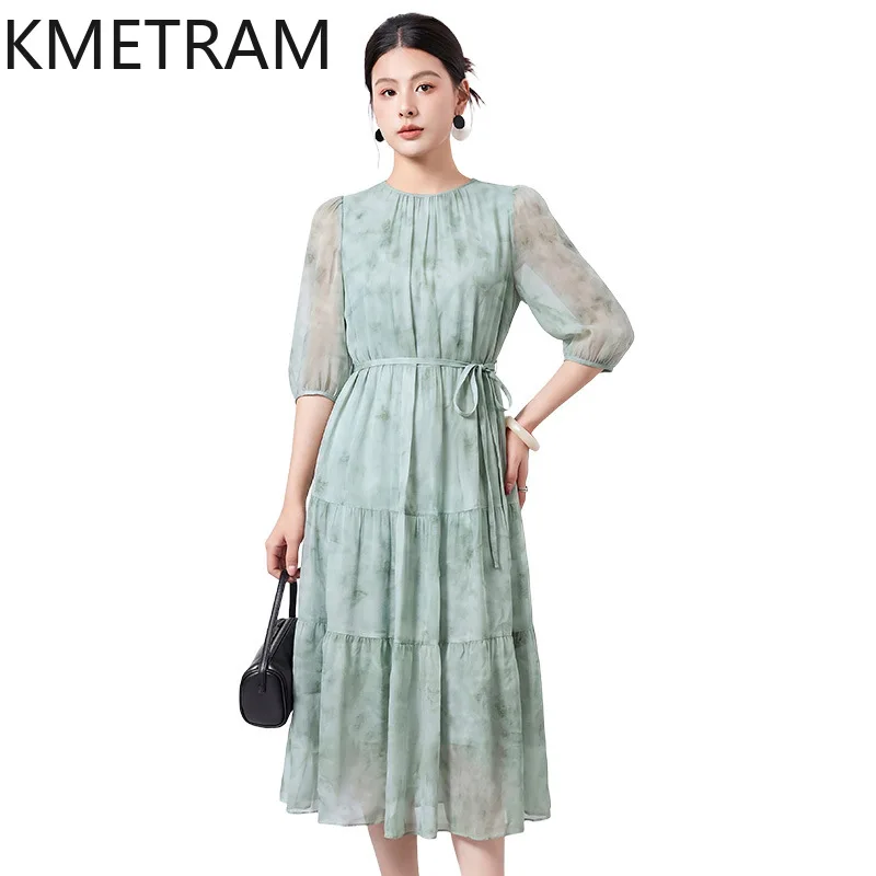 KMETRAM 100% Mulberry Silk Dresses for Woman Printed Belted Midi Dress New Chinese Style Frocks 2026 Summer Women Clothing 원피스