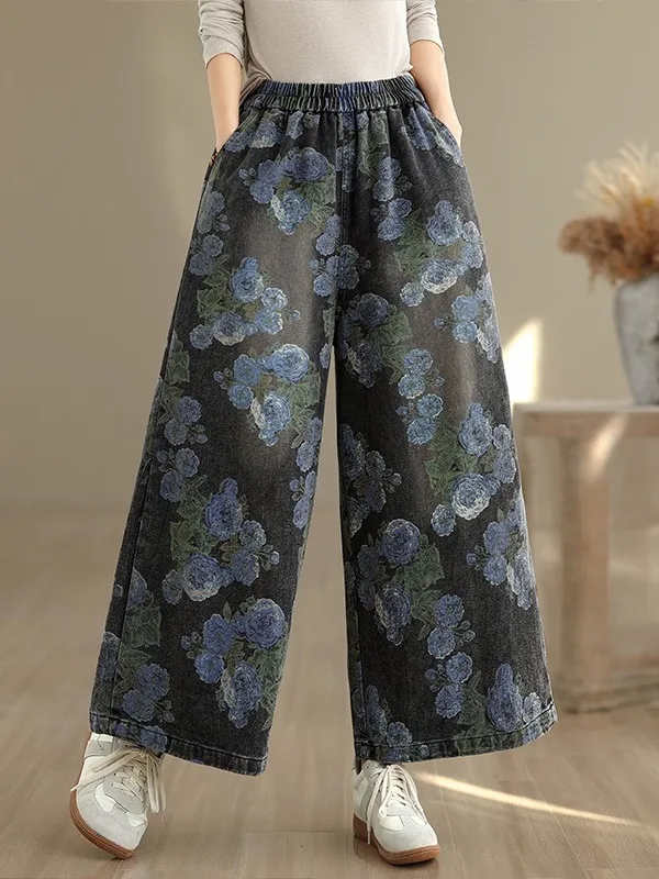 Neue Chinesische Sle Personalisierte Druck Breite Bein Jeans frauen Lose Fit plus Größe Gerade Geschnitten Hosen Retro Baumwolle Polyester