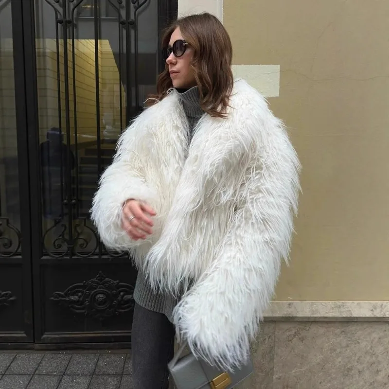 Talenza Winter Women Faux Fur New Plush Thick Collar Coat Office Warm High Street Solid Fashion 2025 Vintage Women Faux Fur Coat