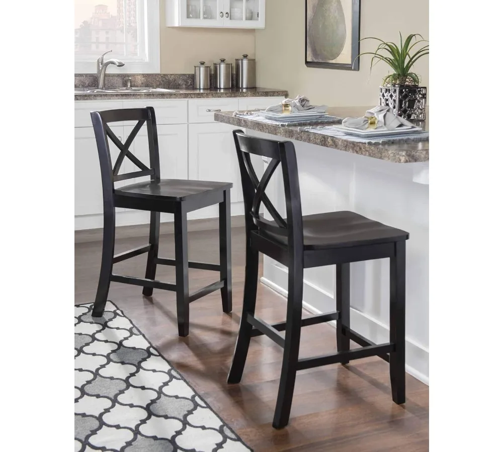 مقعد حديث أسود على شكل حرف X من الخلف، 16 بوصة عرض × 17.91 بوصة عمق × 37.01 بوصة ارتفاع، خشب مطاطي قوي لراحة تناول الطعام في جزيرة المطبخ