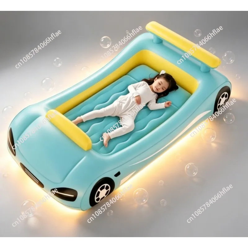 Foldable Flocked PVC Kids Air Mattress, Inflatable Bed with Guardrail, Portable Outdoor Travel Inflatable Bed